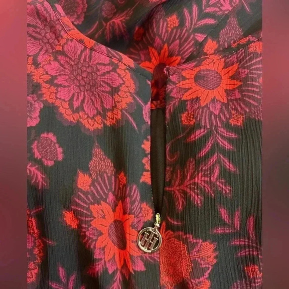 TOMMY HILFIGER DRESS RED BLACK FLORAL CHIFFON LONG SLEEVE MIDI SIZE 4 - Picture 5 of 16